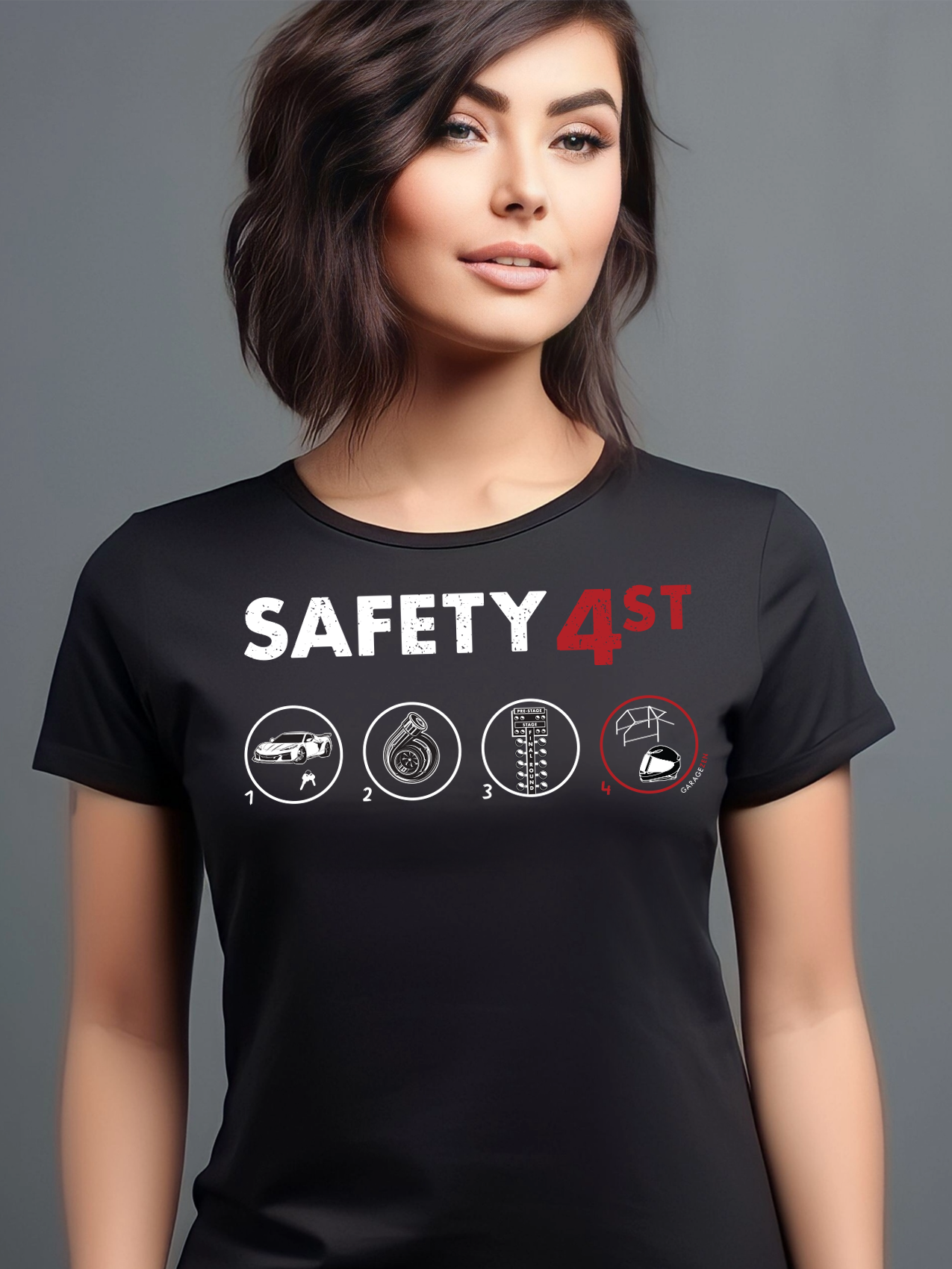 GarageZen corvette turbo v8. safety 4st engine female model t-shirt for car automotive racing enthusiasts
