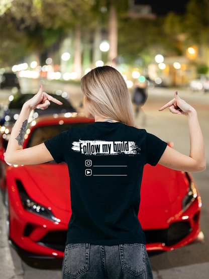 GarageZen follow my build branding social media t-shirt for car automotive racing enthusiasts