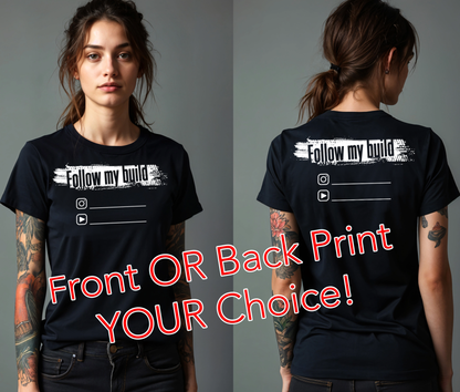 GarageZen follow my build branding social media t-shirt for car automotive racing enthusiasts