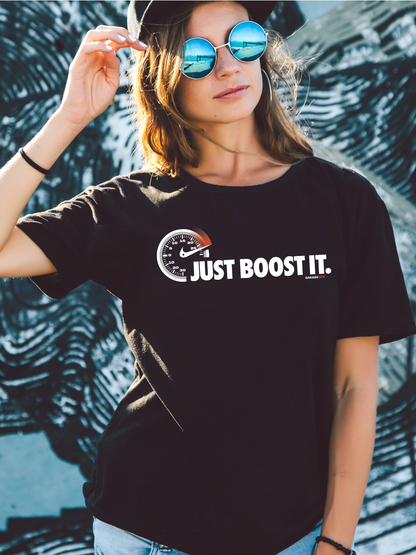 GarageZen just boost it turbo supercharger gauge female model t-shirt for car automotive racing enthusiasts