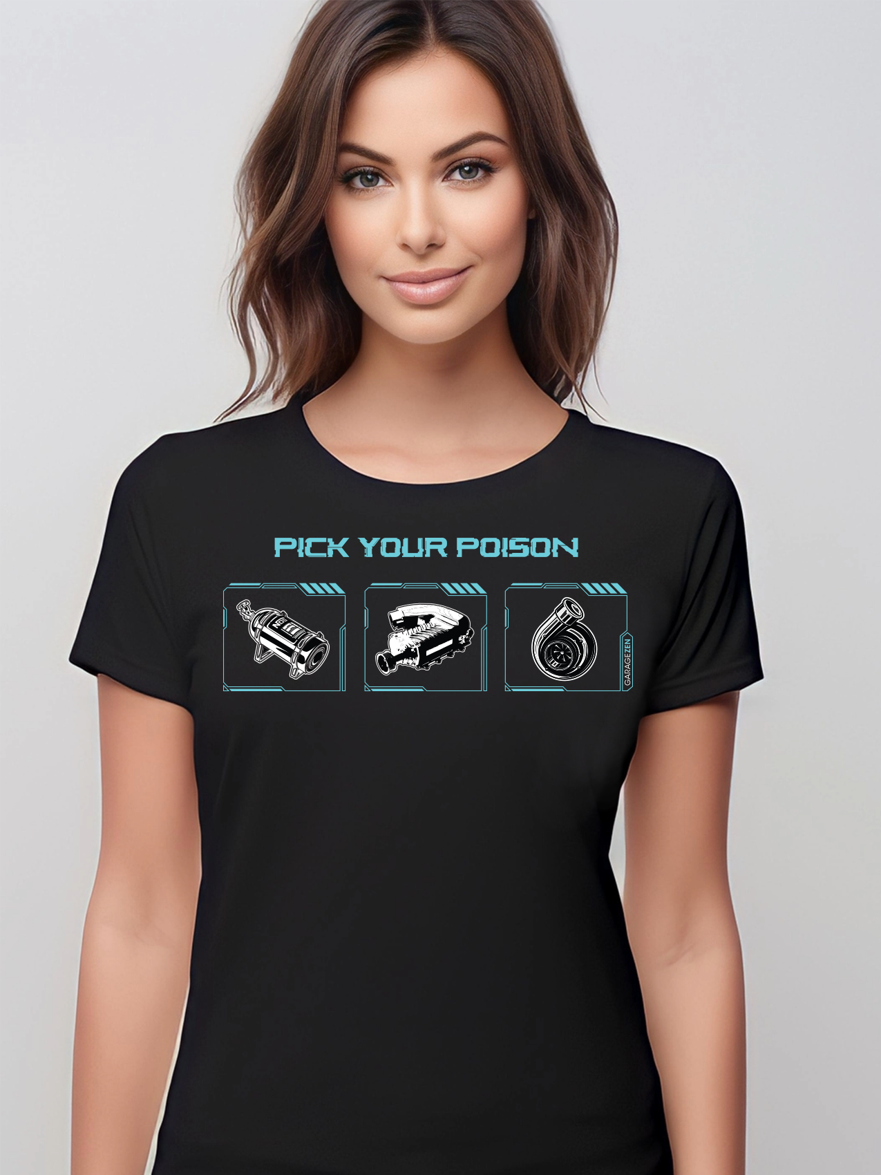 GarageZen pick your poison turbo nos supercharger t-shirt for car female model automotive racing enthusiasts