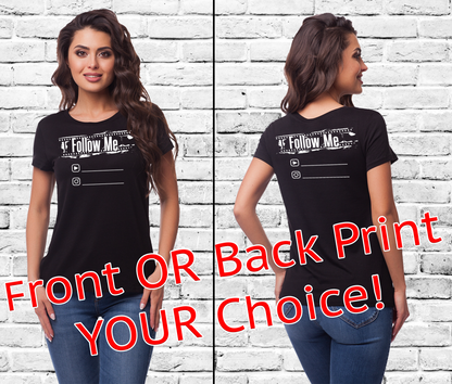 GarageZen follow me branded branding your social handle t-shirt for car femail model automotive racing enthusiasts